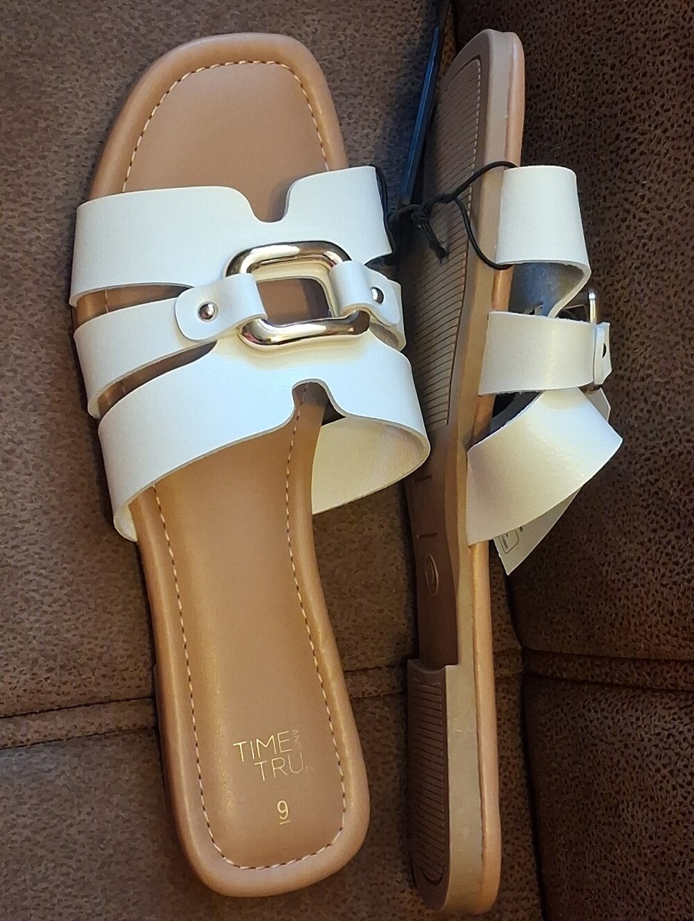 Time and Tru Embellished Slide Sandals with Gold Buckle White Size 9